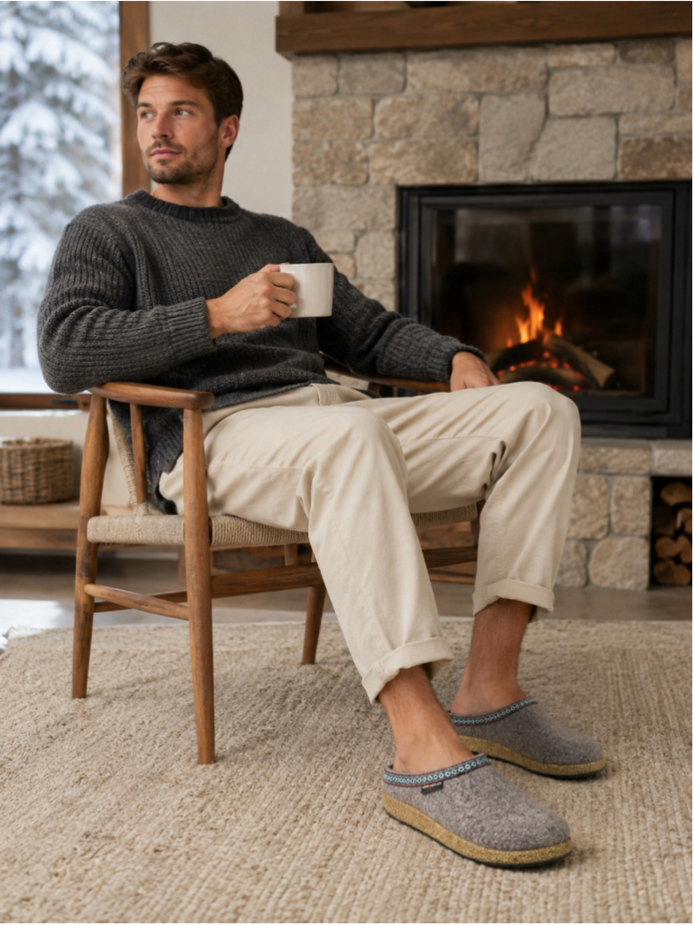 Haflinger GZ Clog Men 8 Slippers Wool Cork Footbed Hygge Comfort Cabincore Gray